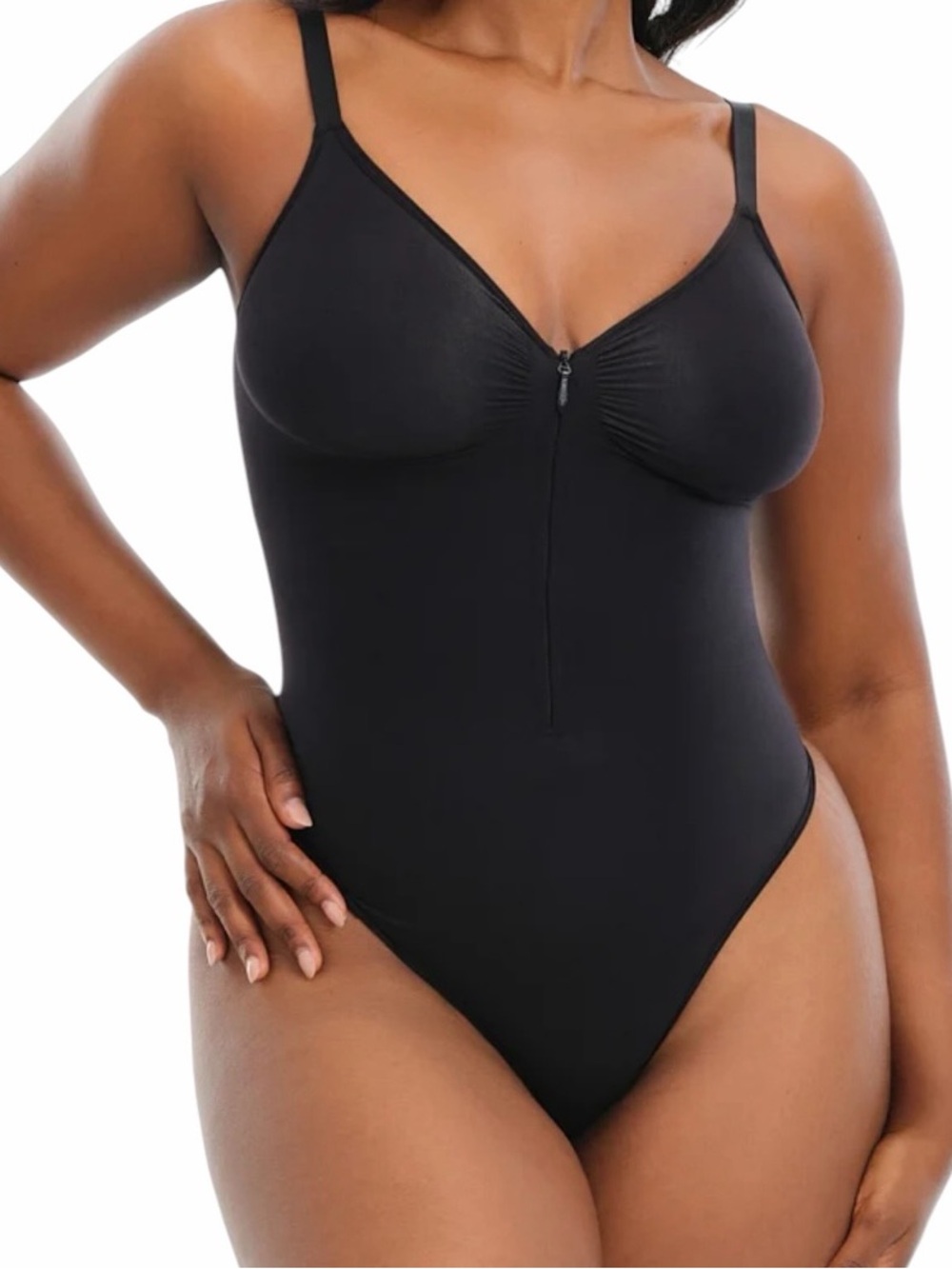She's Waisted Black Zip-Front One-Piece Thong Bodysuit M